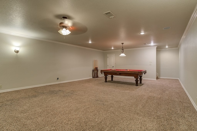 259 County Rd 304, Seminole, TX 79360 - playroom featuring pool table, carpet, a ceiling fan, ornamental molding, and baseboards