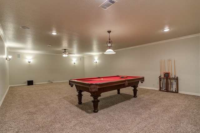 259 County Rd 304, Seminole, TX 79360 - game room with crown molding, carpet, billiards, baseboards, and a textured ceiling