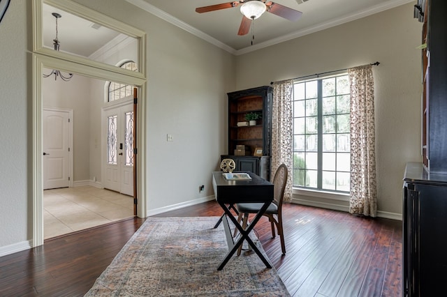 259 County Rd 304, Seminole, TX 79360 - office featuring hardwood / wood-style floors, crown molding, ceiling fan, and baseboards