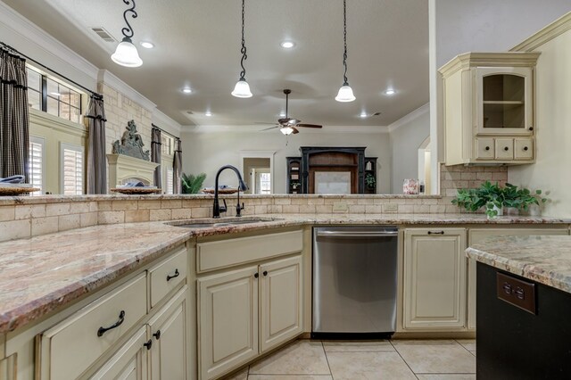 259 County Rd 304, Seminole, TX 79360 - kitchen with cream cabinetry, stainless steel dishwasher, a sink, crown molding, and recessed lighting