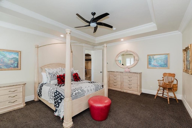 40 Muirfield Dr, Odessa, TX 79762 - bedroom featuring dark colored carpet, a tray ceiling, ornamental molding, baseboards, and recessed lighting