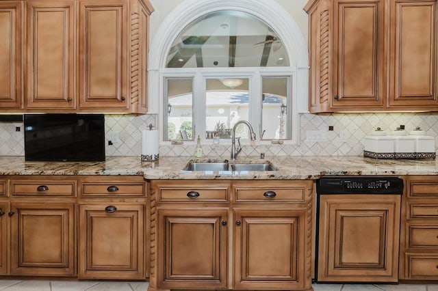 40 Muirfield Dr, Odessa, TX 79762 - kitchen with a sink, brown cabinetry, and light stone countertops