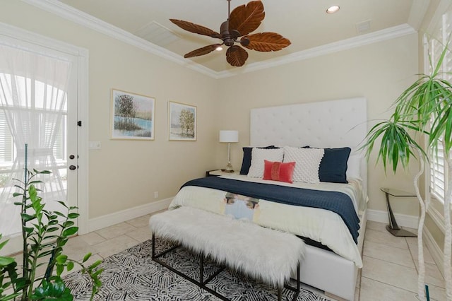 40 Muirfield Dr, Odessa, TX 79762 - bedroom with light tile patterned floors, crown molding, baseboards, and ceiling fan