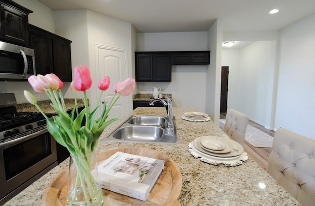 7319 W Pile Ranch Rd, Odessa, TX 79765 - kitchen featuring stainless steel appliances, a sink, recessed lighting, light stone counters, and dark cabinets