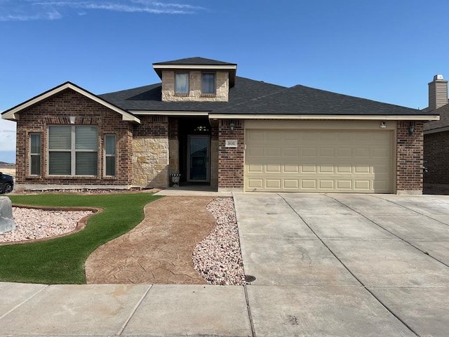 view of front of house featuring concrete driveway, an attached garage, brick siding, a chimney, and roof with shingles
