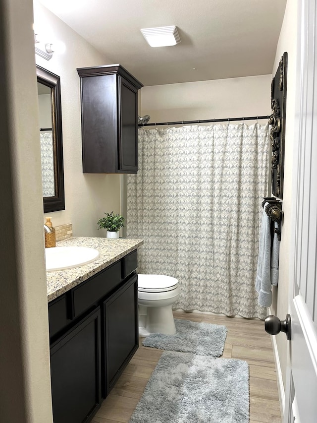 bathroom with vanity, wood finished floors, toilet, and curtained shower