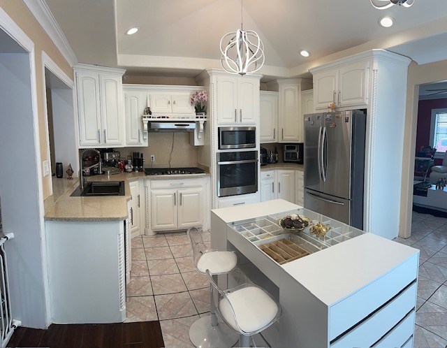 2404 W 10th St, Odessa, TX 79763 - kitchen with stainless steel appliances, a sink, exhaust hood, tasteful backsplash, and recessed lighting