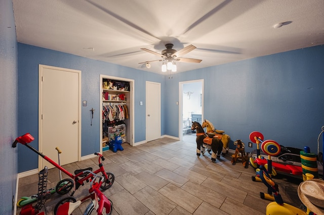 3708 N Moss Ave, Odessa, TX 79764 - recreation room featuring ceiling fan, built in features, and baseboards