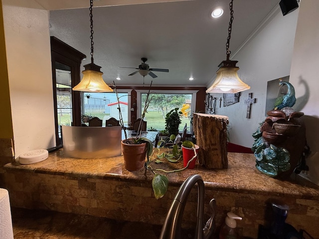 3708 N Moss Ave, Odessa, TX 79764 - kitchen with ceiling fan, crown molding, recessed lighting, and pendant lighting