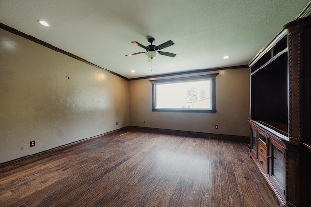 3708 N Moss Ave, Odessa, TX 79764 - unfurnished living room featuring a ceiling fan, crown molding, wood finished floors, baseboards, and recessed lighting