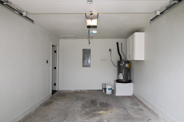 607 NW 11th St, Andrews, TX 79714 - garage featuring water heater, electric panel, a garage door opener, and a textured wall