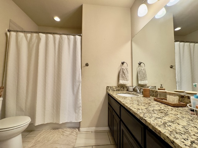 full bath featuring vanity, tile patterned flooring, toilet, a shower with shower curtain, and recessed lighting