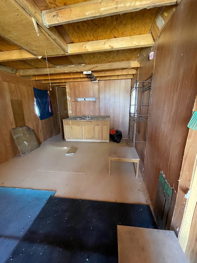 basement featuring wooden walls