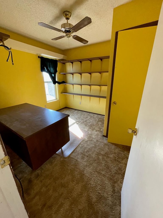 carpeted office with a textured ceiling and ceiling fan