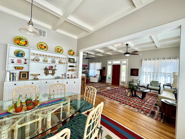 dining room with hardwood / wood-style flooring, beam ceiling, and coffered ceiling