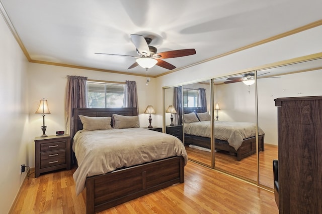 203 NE 8th St, Marathon, TX 79842 - bedroom with a closet, ornamental molding, light wood-type flooring, and ceiling fan
