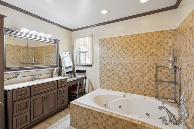 203 NE 8th St, Marathon, TX 79842 - bathroom with a tub with jets, tile patterned floors, ornamental molding, vanity, and recessed lighting