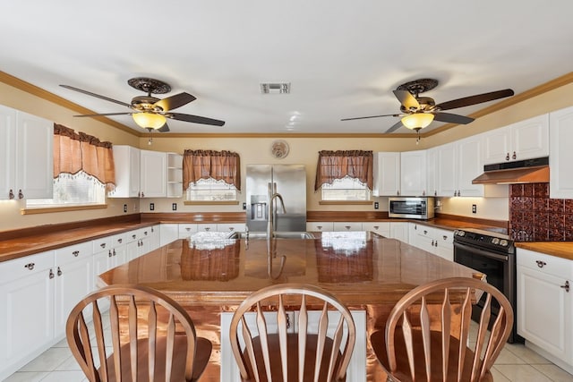 203 NE 8th St, Marathon, TX 79842 - kitchen featuring a ceiling fan, under cabinet range hood, appliances with stainless steel finishes, a sink, and crown molding