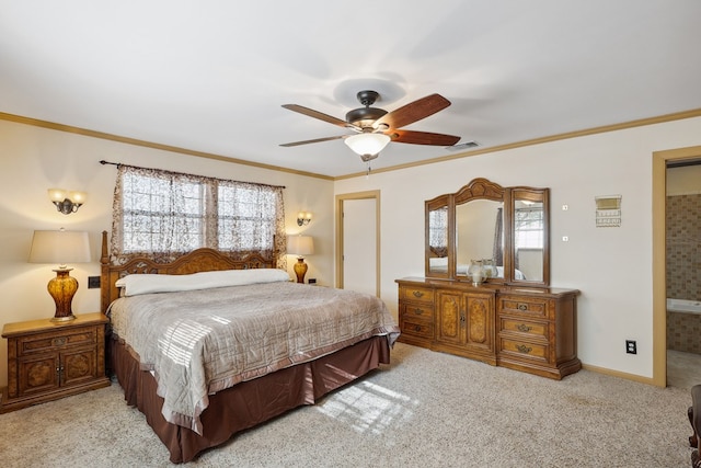 203 NE 8th St, Marathon, TX 79842 - bedroom with carpet flooring, crown molding, ceiling fan, ensuite bath, and baseboards