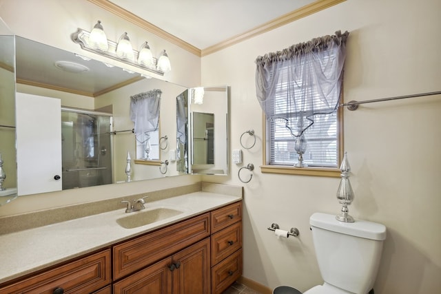 203 NE 8th St, Marathon, TX 79842 - full bath with a shower stall, ornamental molding, toilet, and vanity