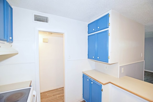 kitchen featuring blue cabinets, a textured ceiling, and hardwood / wood-style flooring