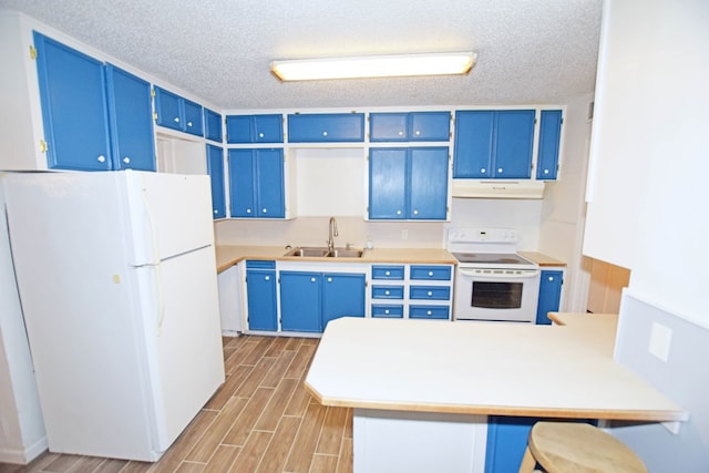 kitchen with blue cabinetry, sink, and white appliances