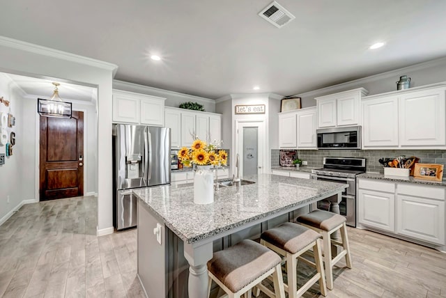 8430 E County Rd 114, Midland, TX 79706 - kitchen featuring appliances with stainless steel finishes, a sink, a kitchen bar, tasteful backsplash, and white cabinetry