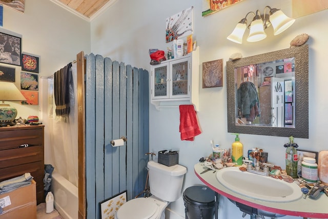 106 SE 4th St, Marathon, TX 79842 - full bathroom featuring crown molding, toilet, shower / bathtub combination with curtain, and a sink