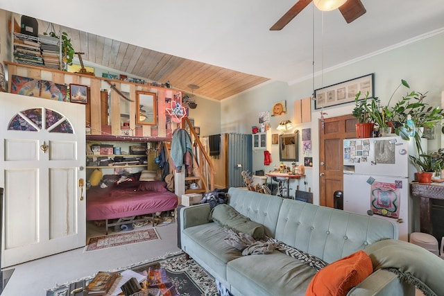 106 SE 4th St, Marathon, TX 79842 - living room with ceiling fan, crown molding, and wooden ceiling
