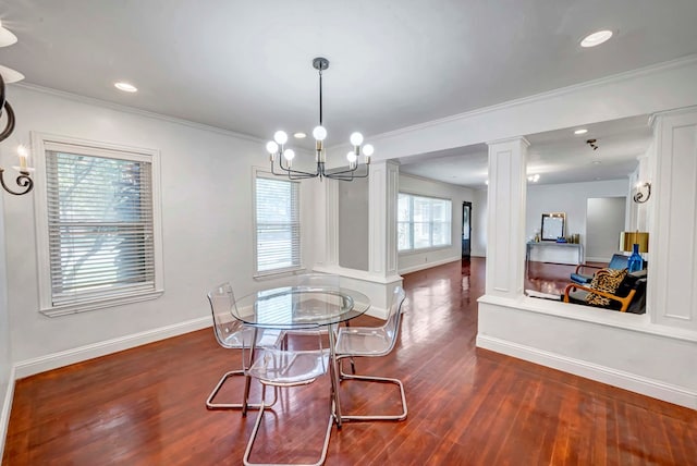 1600 W Kansas Ave, Midland, TX 79701 - dining area with decorative columns, wood finished floors, a chandelier, ornamental molding, and recessed lighting