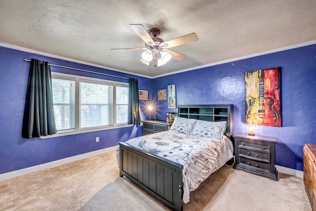 1600 W Kansas Ave, Midland, TX 79701 - carpeted bedroom featuring ceiling fan, ornamental molding, and a textured wall