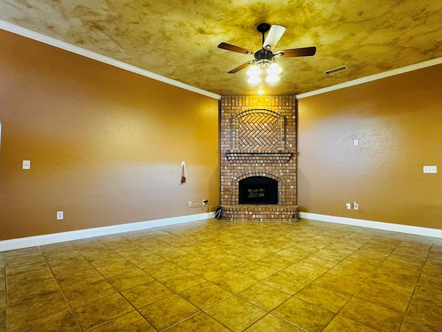 8801 N Rice Ave, Odessa, TX 79765 - unfurnished living room with a ceiling fan, a fireplace, baseboards, ornamental molding, and tile patterned floors