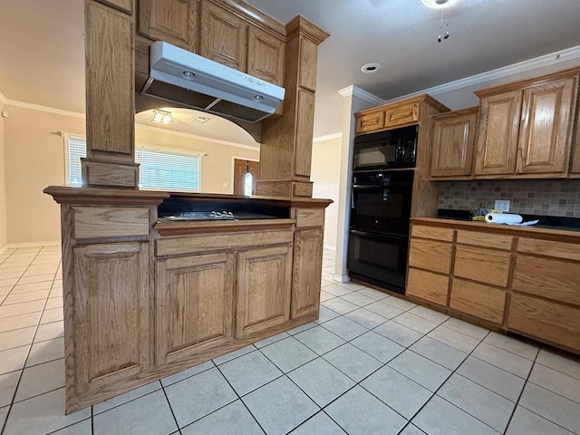 615 Placer Ave, Odessa, TX 79763 - kitchen with black appliances, crown molding, light tile patterned floors, custom exhaust hood, and backsplash