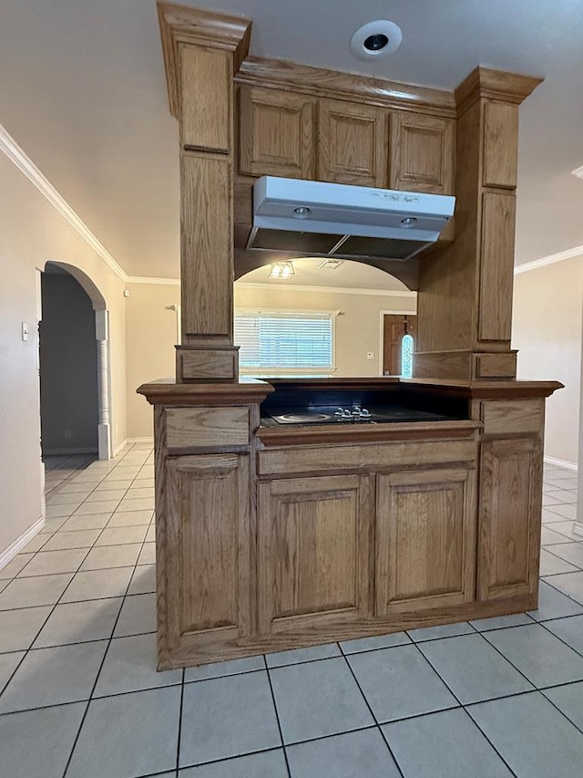 615 Placer Ave, Odessa, TX 79763 - kitchen featuring under cabinet range hood, light tile patterned floors, crown molding, baseboards, and dark countertops