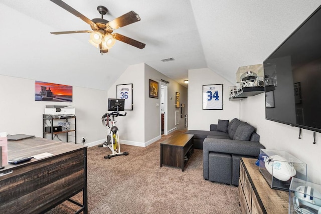 living area with ceiling fan, carpet, baseboards, lofted ceiling, and visible vents