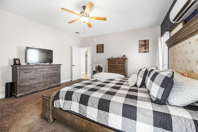 bedroom featuring visible vents, baseboards, ceiling fan, and dark colored carpet