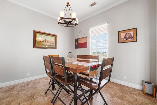dining space featuring baseboards, visible vents, ornamental molding, and an inviting chandelier