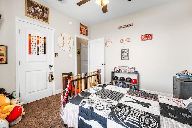 carpeted bedroom featuring ceiling fan