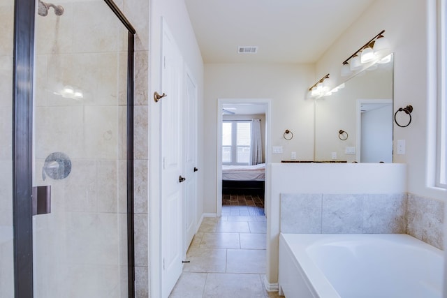 full bathroom featuring a bath, visible vents, tile patterned flooring, ensuite bathroom, and tiled shower