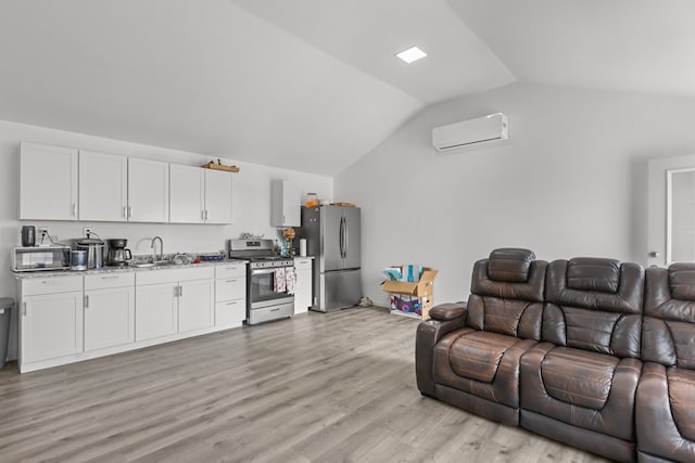 1758 N Fortune 500 Dr, Odessa, TX 79764 - living area with light wood finished floors, lofted ceiling, and a wall unit AC