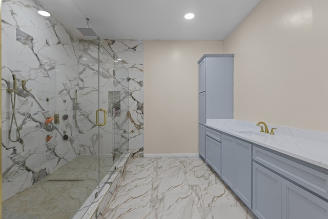 1758 N Fortune 500 Dr, Odessa, TX 79764 - bathroom featuring a marble finish shower, marble finish floor, vanity, and recessed lighting