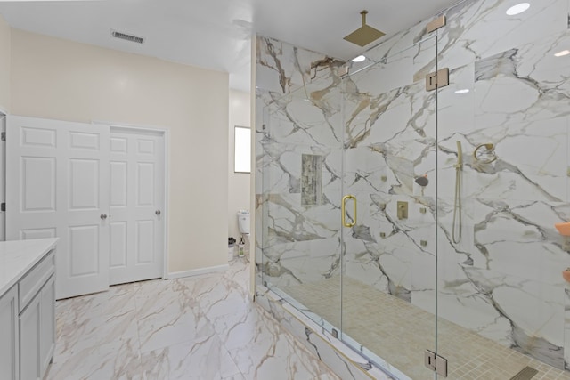 1758 N Fortune 500 Dr, Odessa, TX 79764 - full bathroom with toilet, marble finish floor, vanity, a marble finish shower, and visible vents
