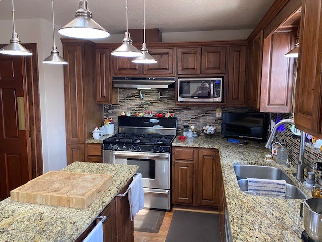 1413 S Oak St, Pecos, TX 79772 - kitchen featuring pendant lighting, under cabinet range hood, tasteful backsplash, a sink, and appliances with stainless steel finishes