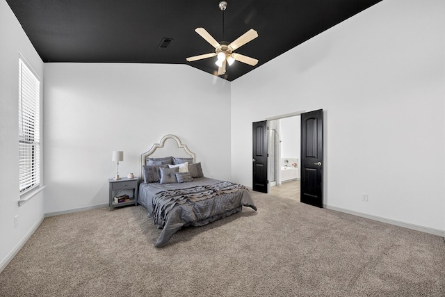 7410 W Pile Ranch Rd, Odessa, TX 79765 - bedroom featuring carpet flooring, a ceiling fan, high vaulted ceiling, and connected bathroom