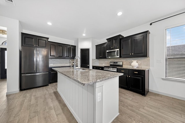 7410 W Pile Ranch Rd, Odessa, TX 79765 - kitchen featuring appliances with stainless steel finishes, light wood finished floors, decorative backsplash, an island with sink, and light stone counters
