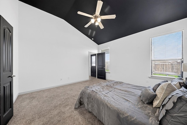 7410 W Pile Ranch Rd, Odessa, TX 79765 - bedroom featuring carpet, high vaulted ceiling, multiple windows, and a ceiling fan