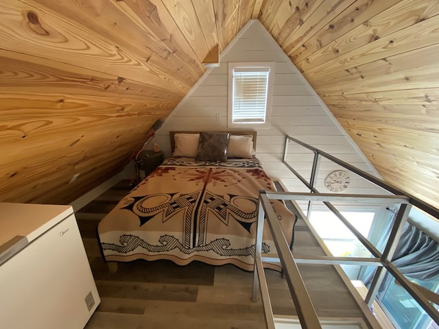 104 Low Meadow Pt, Fort Davis, TX 79734 - bedroom featuring wood walls, wood ceiling, wood finished floors, and vaulted ceiling