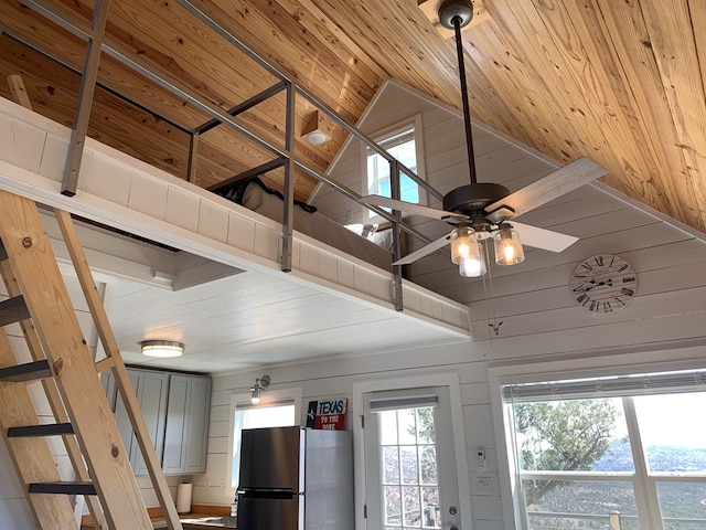104 Low Meadow Pt, Fort Davis, TX 79734 - details featuring wood ceiling, a ceiling fan, wood walls, gray cabinetry, and freestanding refrigerator