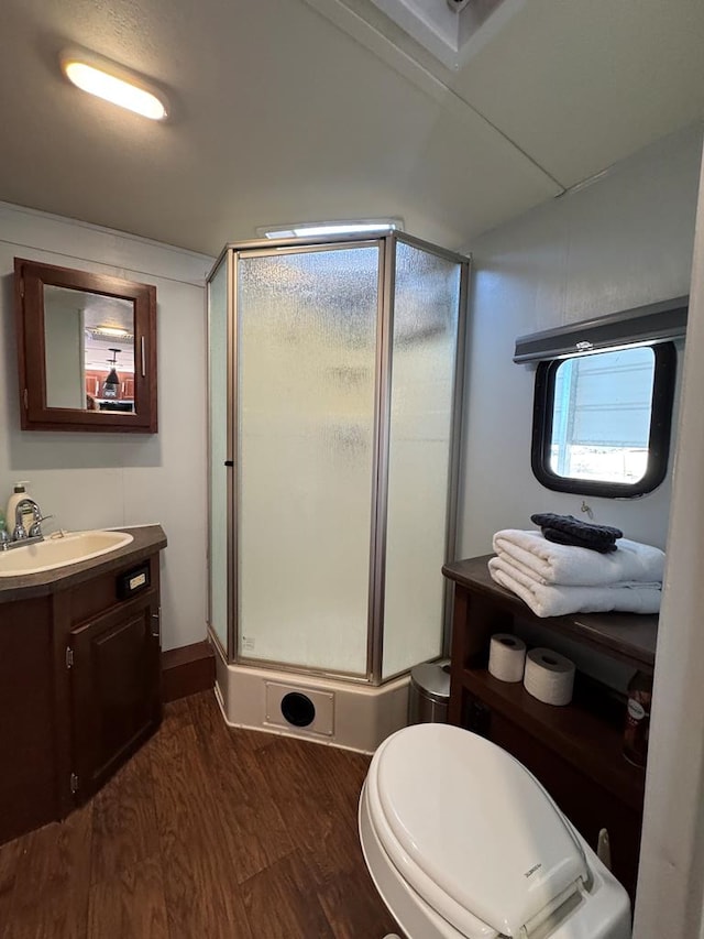 287 Fulcher Rd, Terlingua, TX 79852 - bathroom featuring wood finished floors, a shower stall, vanity, and toilet