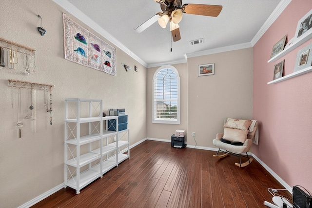 606 Rainbow Ct, Odessa, TX 79765 - living area featuring a ceiling fan, crown molding, and hardwood / wood-style flooring